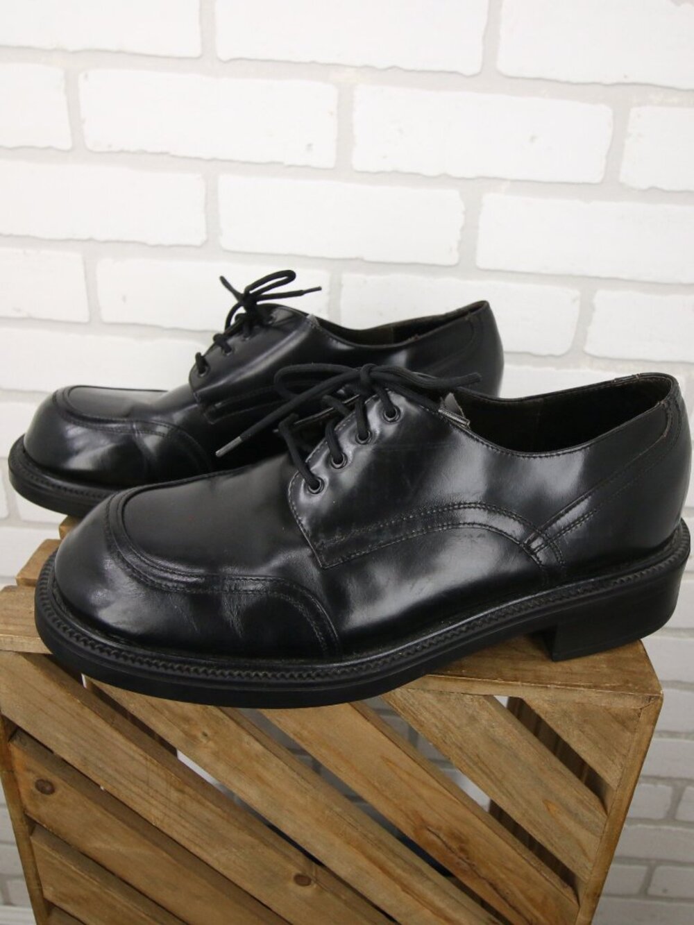 BED STU Polished Black Leather Moc Chunky Heel Shoes Low Mens 12 Oxford Punk